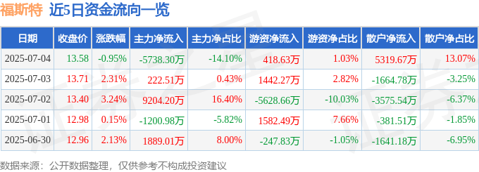 股票行情快报：福斯特（603806）7月4日主力资金净卖出5738.30万元