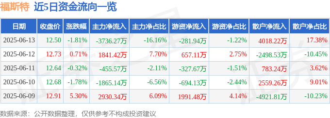 股票行情快报：福斯特（603806）6月13日主力资金净卖出3736.27万元