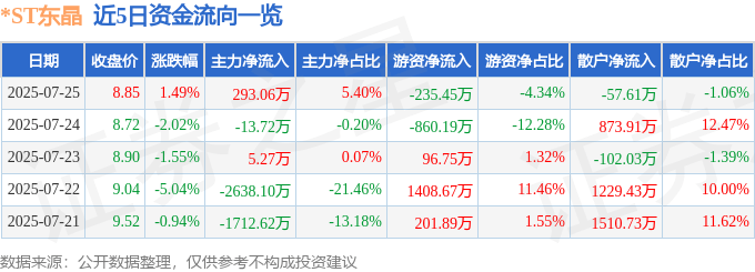 股票行情快报:*ST东晶(002199)7月25日主力资金净买入293.06万元
