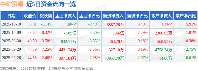 股票行情快报：中矿资源（002738）10月10日主力资金净卖出1.85亿元