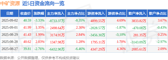 股票行情快报：中矿资源（002738）9月2日主力资金净卖出8733.37万元