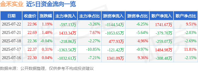 股票行情快报:金禾实业(002597)7月22日主力资金净卖出597.13万元