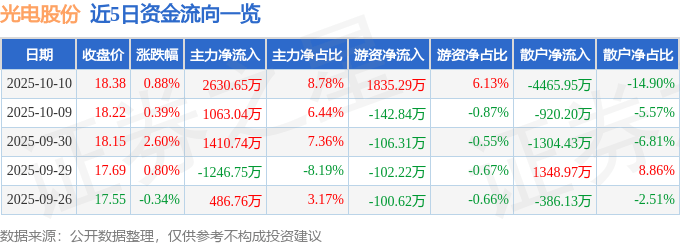 股票行情快报：光电股份（600184）10月10日主力资金净买入2630.65万元