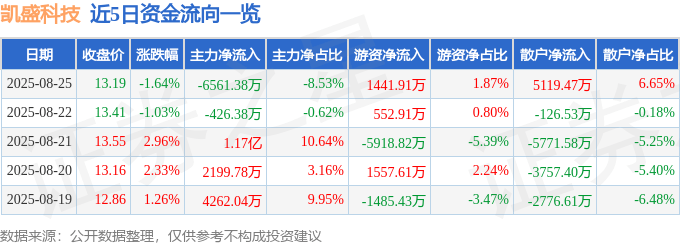凯盛科技（600552）8月25日主力资金净卖出6561.38万元