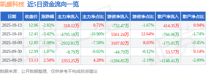 凯盛科技（600552）10月13日主力资金净买入318.12万元