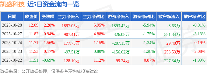 凯盛科技（600552）10月28日主力资金净买入1897.05万元