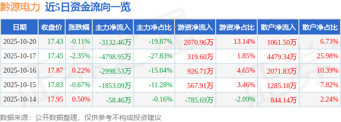 股票行情快报：黔源电力（002039）10月20日主力资金净卖出3132.46万元