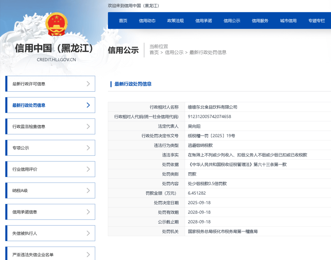 维维股份旗下维维东北食品饮料因逃税被罚
