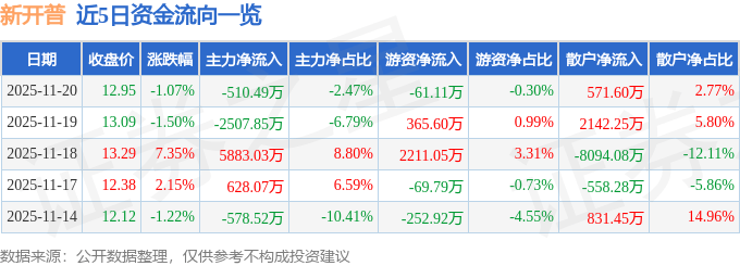 股票行情快报：新开普（300248）11月20日主力资金净卖出510.49万元