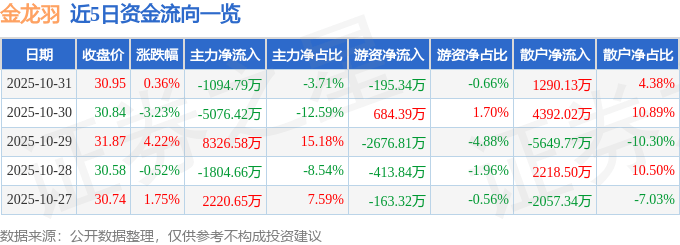 股票行情快报：金龙羽（002882）10月31日主力资金净卖出1094.79万元