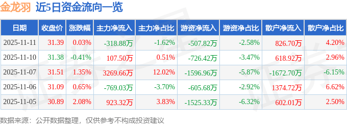 股票行情快报：金龙羽（002882）11月11日主力资金净卖出318.88万元