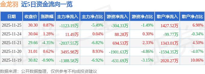 股票行情快报：金龙羽（002882）11月25日主力资金净卖出1123.19万元