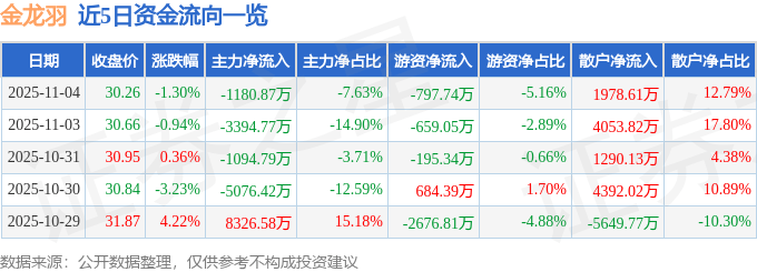 股票行情快报：金龙羽（002882）11月4日主力资金净卖出1180.87万元