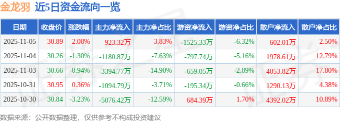 股票行情快报：金龙羽（002882）11月5日主力资金净买入923.32万元