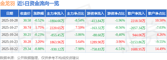 股票行情快报：金龙羽（002882）10月28日主力资金净卖出1804.66万元