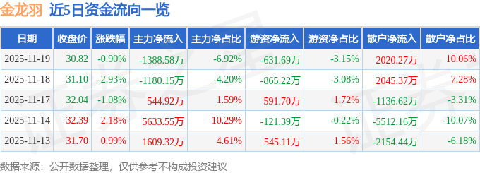 股票行情快报：金龙羽（002882）11月19日主力资金净卖出1388.58万元