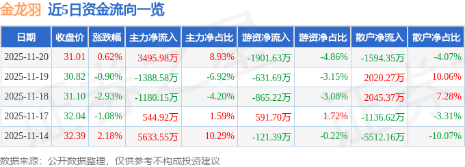 股票行情快报：金龙羽（002882）11月20日主力资金净买入3495.98万元