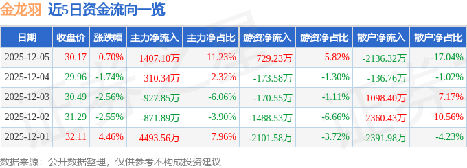 股票行情快报：金龙羽（002882）12月5日主力资金净买入1407.10万元