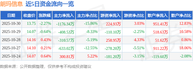 股票行情快报：朗玛信息（300288）10月30日主力资金净卖出1176.34万元