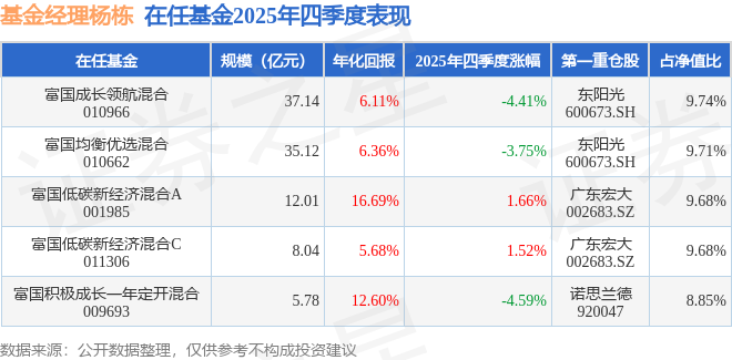 杨栋2025年四季度表现，富国低碳新经济混合A基金季度涨幅1.66%